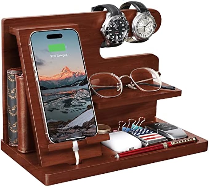 Gifts for Men Wood Phone Docking Station Gifts for him Husband Nightstand Organizer Cell Phone Stand Watch Holder Wallet Station Desk Organizers Gifts for Dad Birthday Gifts for Men
