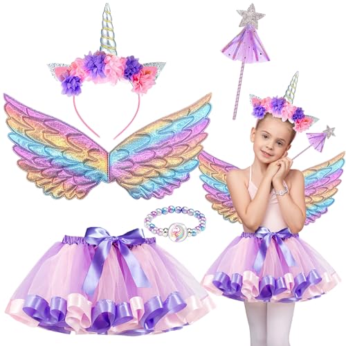 Chennyfun Disfraz Unicornio Niña, Disfraz de Princesa Niña con Falda de Tutú, Diadema de Unicornio y Barra Luminosa, Unicornio Disfraz de Princesa, para Cumpleaños Carnaval Halloween Cosplay Fiesta
