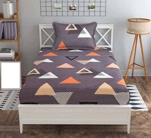 Image of Glace Cotton Single Bedsheet - 60x90 Inches with 1 Pillow Cover 18x28 Inches Dark Grey Triangle Print Bed Sheet Set - Soft Flat Bedcover for Single Mattress Bedroom Hostel Room - Grey Triangle