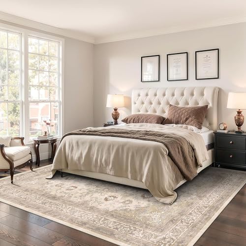 vivorug Beige 9x12 Area Rugs for Living Room, Non Slip Machine Washable Vintage Rug, Ultra-Thin Lightweight Large Area Rug for Bedroom, Dining Room, Low Pile Rug