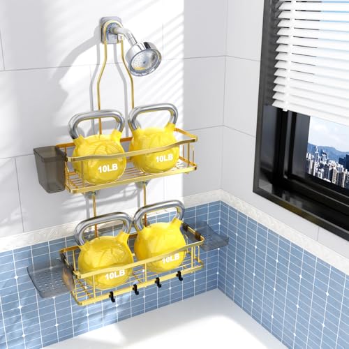 Image of Aitatty Hanging Shower Caddy Bathroom Organizer: Rustproof Shower Shelf Racks Over Shower Head - No Drilling Inside Bath Shower Rack Shelves Over Showerhead for Shampoo with Soap Holder Gold