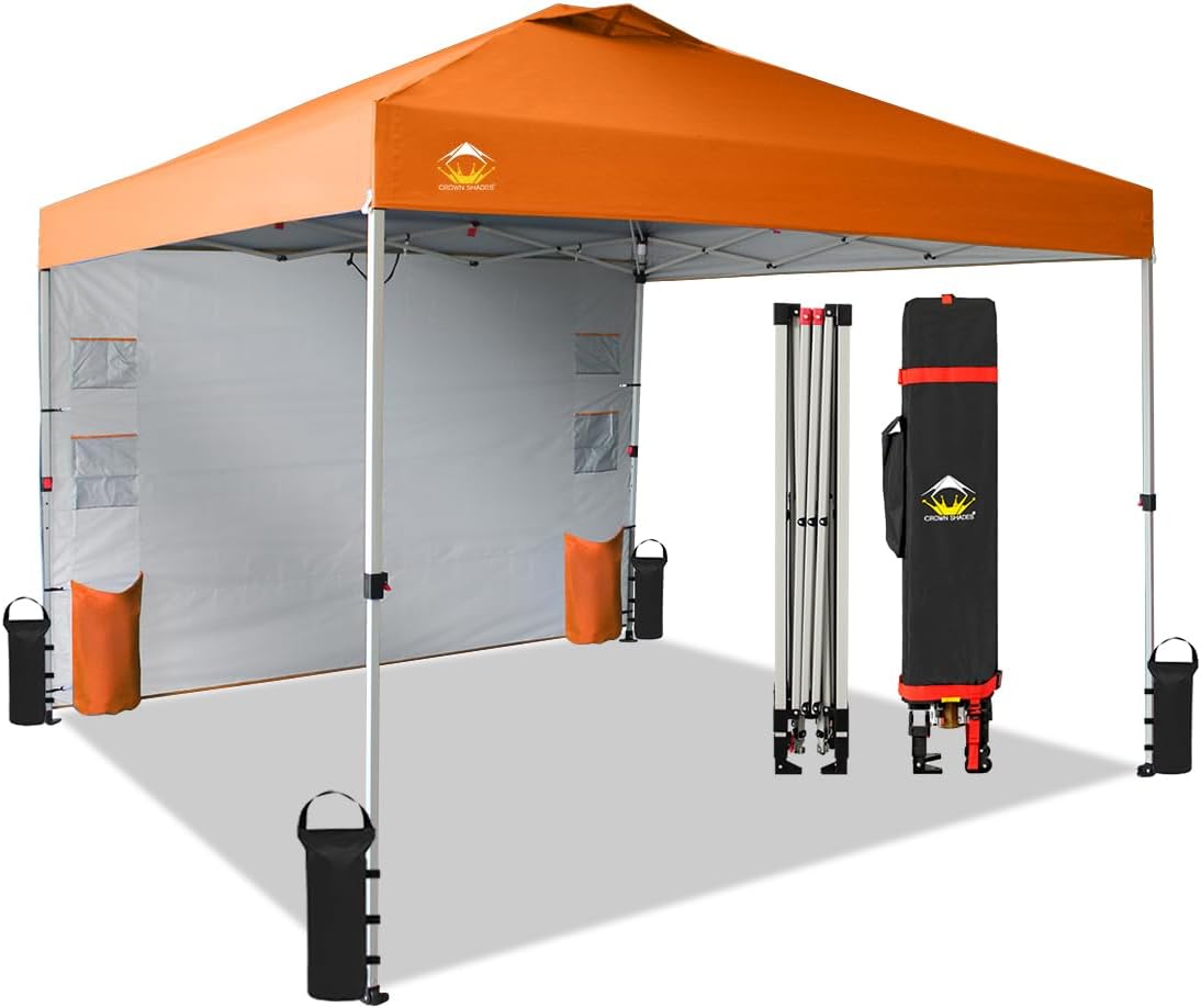 CROWN SHADES Canopy Tent 10x10 Pop Up Canopy Outdoor Shade with Pockets Sidewall, Easy Up Sun Shelter with One Person Set Up Center Lock, Portable Instant Camping Beach Canopy Tents, Orange 10x10 with Organizer Pockets Orange