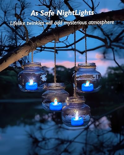 Image of merrynights Flameless Candles, 12 Pack Tea Lights Candle Battery Operated, LED Tealight Votives, Realistic Tea Lights for Halloween Christmas Party Decor -D 1.5 inch x H 1.25 inch -Blue Light