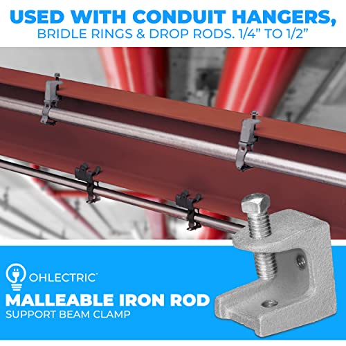 Image of OHLECTRIC 2 Pack - Malleable Iron Rod Support Beam Clamp - Zinc Plated for Corrosion Resistance - 1-1 /8 inch Jaw Opening - Supports 2 /16-18 Set Screws & 1 /2 inch-3 Rods - Up to 750 lbs Load Capacity