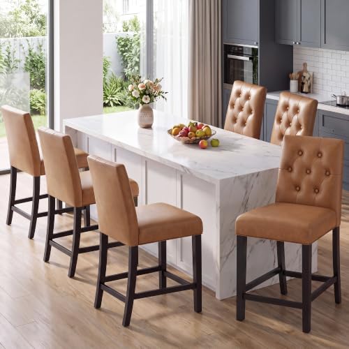Image of MALOL Bar Stools Set of 2 Faux Leather Counter Height Bar Stools,Lightbrown