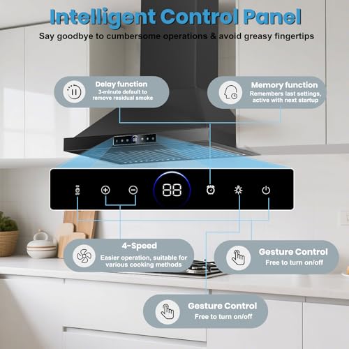 30 Inch Wall Mount Range Hood 1200CFM, 4-Speed Smart Wall Mount Range Hood with Touch Sensor & Remote, Dual LED Lights, Baffle Filters Ducted/Ductless Convertible Black Pro Series