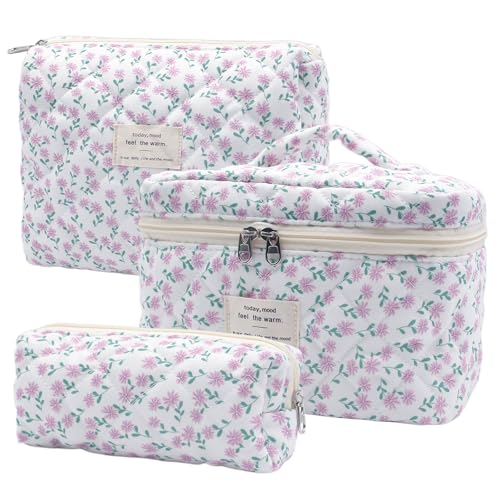 3 Piezas Beauty Case da Viaggio Donna, Beauty Case Da Viaggio Morbido Grande Makeup Bag, Borsa Porta Trucchi da Toilette Makeup Bag Organizer, Borsa da Toilette da Viaggio Lavabile (Fiori Viola)
