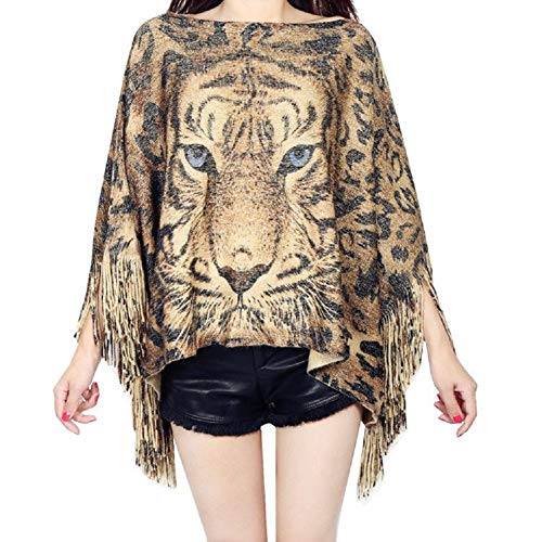 Fashion Secrets Tiger Print Sweater Poncho Cap with Fringes Brown2