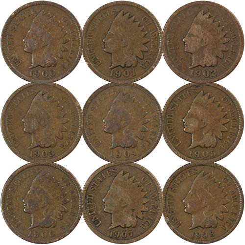 1900-1908 Indian Head Cent Penny Consecutive 9 Coin Set Circulated
