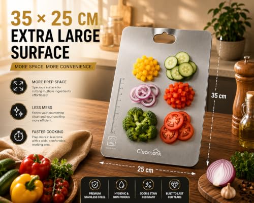 Image of Stainless Steel Chopping Board Large (1 Year Warranty) with Curved Handle (35 x 25 cm) | Steel Cutting Board for Kitchen | Vegetable Cutting Board | Rust Proof Metal Chopper Board