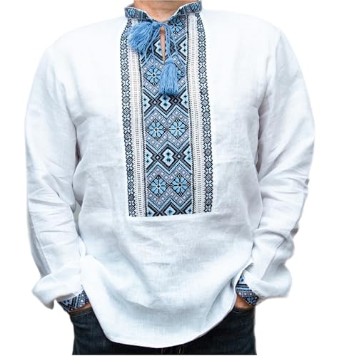 Rushnichok Vyshyvanka Men's Ukrainian Embroidered Linen Shirt Wedding Handmade White Blue Gray XL
