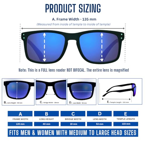 proSPORT Reader Sunglasses Blue Mirror Lenses, Full Magnification Dark Tint Horn Rim Frame Golf Driving No Bifocal4