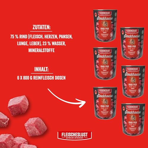 Fleischeslust Nassfutter für Hunde & Katzen | Steakhouse Rind pur (6x800g) | Reinfleisch-Dosen | Monoprotein | Ergänzungsfutter | getreidefrei | sensitiv