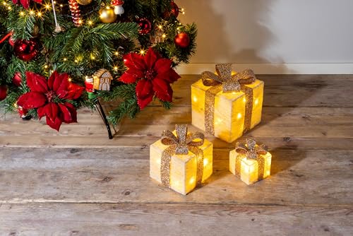 Bambelaa! 3er Led Deko Geschenke Leucht Boxen Timer Weihnachts Dekoration Weihnachtsdeko Beleuchtet Deko Weihnachten (Gold)