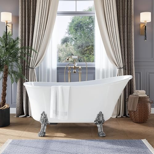 Image of GarveeLife Freestanding Slipper Clawfoot Bathtub 59 inch - Heavy Duty Acrylic Soaking Tub with Chrome Feet, Drain & Overflow, Elegant Vintage Design for Relaxing Home Spa and Bathroom Remodels