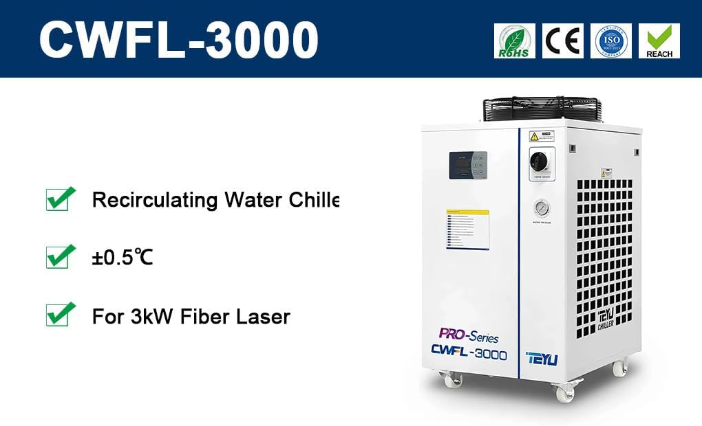 CWFL-3000BN Chiller highlighting features: Recirculating Water Chiller, ±0.5°C, For 3kW Fiber Laser