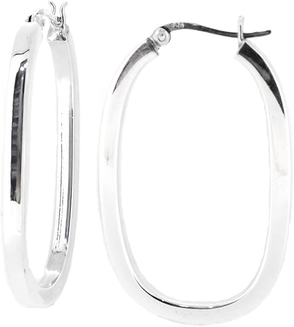 TreasureBay Stylish Square Tube 925 Sterling Silver Oval Shape Hoop Earrings for Women