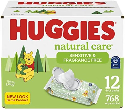 Baby Wipes, Huggies Natural Care Sensitive Baby Diaper Wipes, Unscented, Hypoallergenic, 12 Flip-Top Packs (768 Wipes Total)
