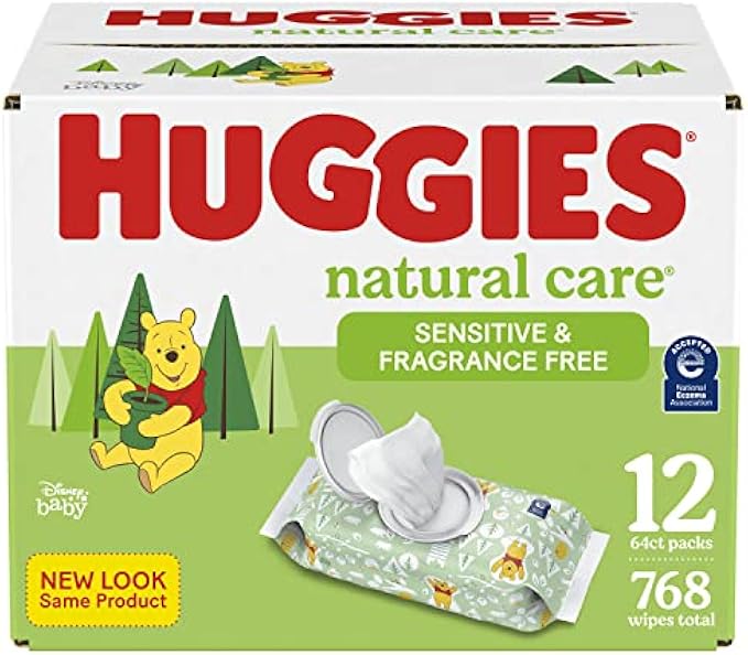 Baby Wipes, Huggies Natural Care Sensitive Baby Diaper Wipes, Unscented, Hypoallergenic, 12 Flip-Top Packs (768 Wipes Total)