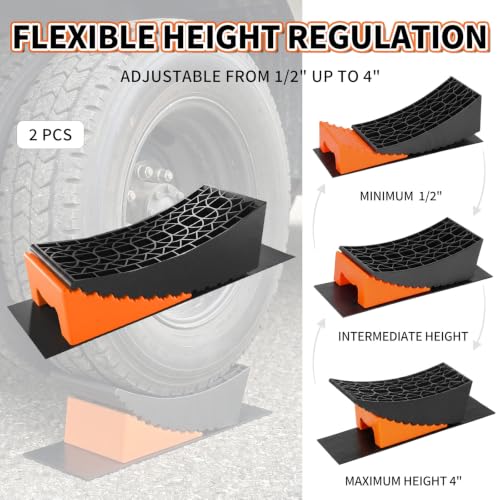 Image of OULEME RV Leveling Blocks, Camper Leveler System 2 Packs for Dual Axle Tandem Wheel Travel Trailer, Include 2 Curved Leveler Ramp, 2 Chock, 2 Rubber Mat, 1 T Bubble Level, 1 Carry Bag, Orange