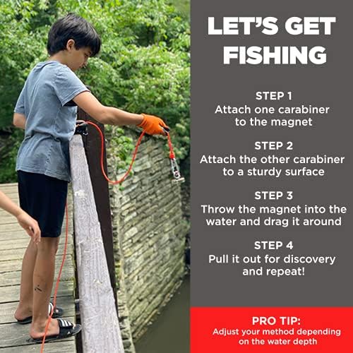 Miniatura 6 de Kit de pesca con imán, imanes redondos de neodimio de 400 libras (399.0 lbs) con fuerza de tracción, rojo y negro, con cuerda de nailon de 65 pies