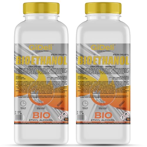 GiDeli Bioetanol 2 l de etanol 96,6% alcohol orgánico sin olor, combustión limpia, para chimeneas interiores y exteriores