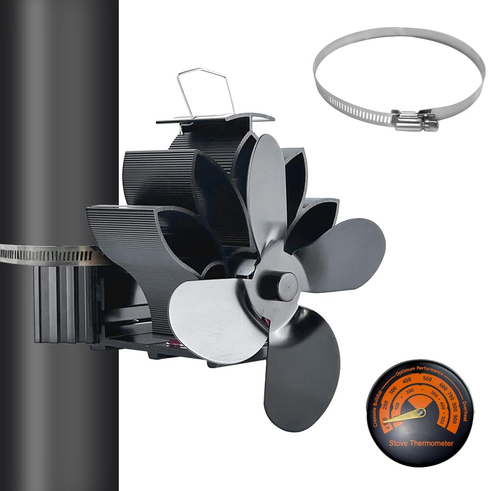 Holzofenventilator, wärmebetrieben, nicht elektrisch, Lotusform, Wärmeverteilung, 4 Flügel, leises Rauchrohr, hängender Kaminventilator mit magnetischem Thermometer für Zuhause, Holzofen/Holzbrenner