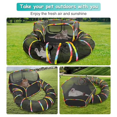 Fhiny Outdoor Cat Enclosures,2-in-1 Portable Rainbow Cat Tent with Tunnel for Outdoor Kitten Mesh Playpen Enclosed Catio Collapsible Outside Compound Pet Play House for Bunny Cats Kitty Ferrets