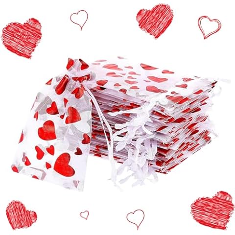 Bnsikun 50Pcs Red Organza Bags Valentines Goodie Bags Sachet Bags Drawstring Organza Gift Bags for Wedding Party Valentines Day Baby Shower Christmas Cover