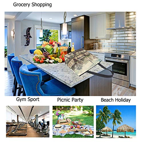 ZzWwR Vintage Paris Notre Dame Cathedral Seine River Bike Print Extra Large Canvas Shoulder Tote Top Storage Handle Bag for Gym Beach Weekender Travel Shopping