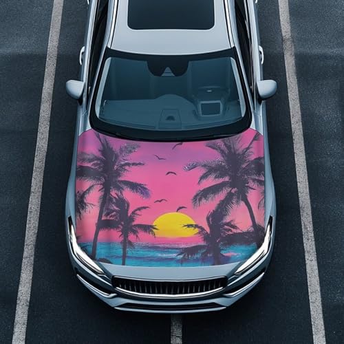 Image of Car Hood Cover Polyester Elastic Fabrics Sunset Palm Trees Car Hood Cover for Leaves Suitable for Auto Car Truck, Van, SUV, Pickup, Car Accessories