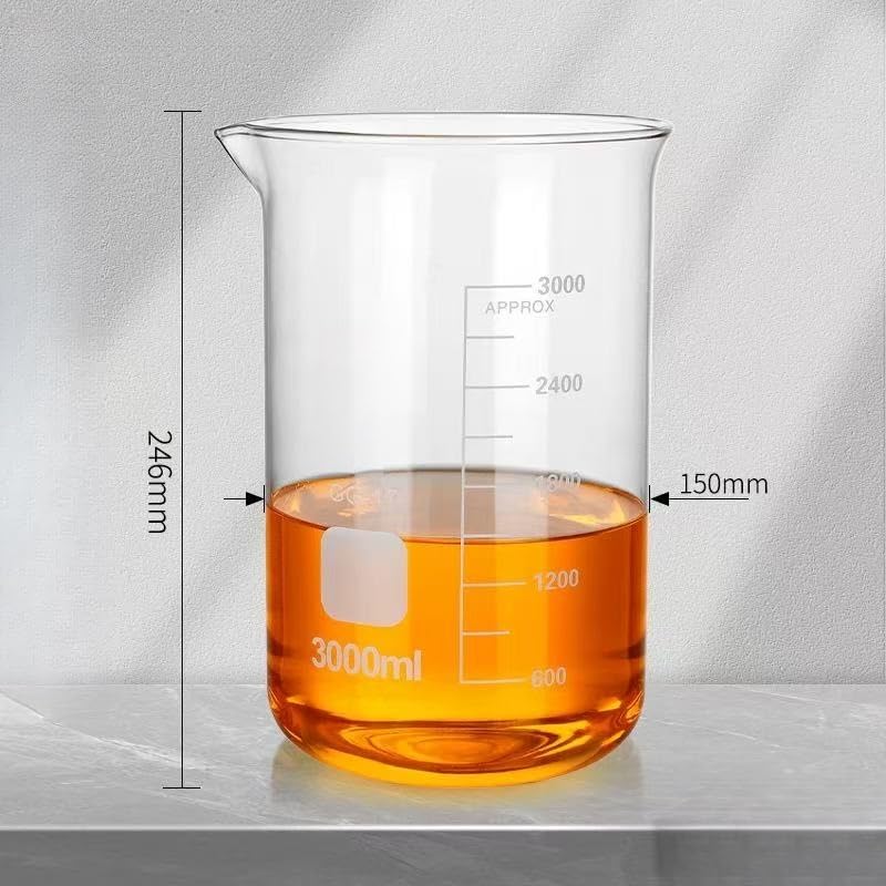 Provetta graduata in vetro, Becher a forma bassa in vetro borosilicato G3.3 Misurino resistente al calore a parete pesante da 10-5000 ml(3000ml)