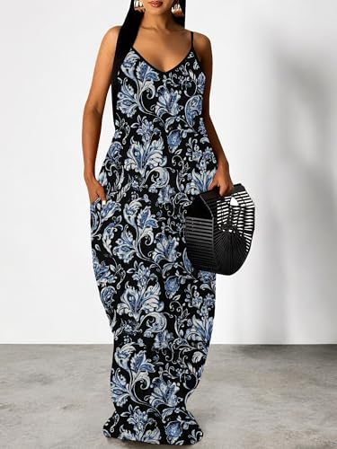 Image of Women Spaghetti Strap Maxi Dress with Pockets | Soft fabric relaxed fit sleeveless v neck with pockets for party and daily wear