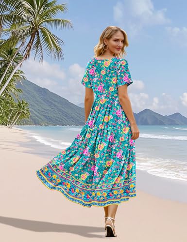 Image of YESNO Women's Summer Maxi Dresses Casual Floral Short Sleeve V Neck Boho Beach Vacation Swing Dress with Pockets EVF