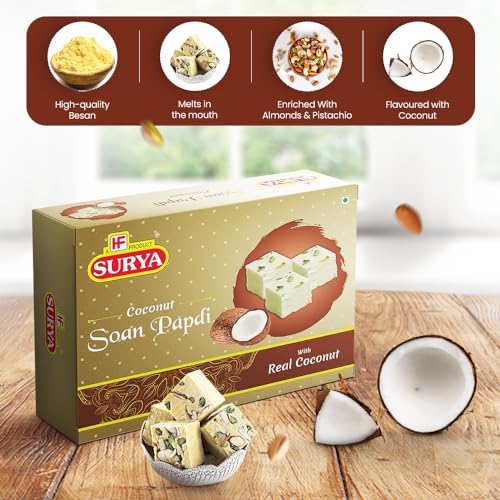 Image of HF, Surya Coconut Soan Papdi- 400g | Made with Real Coconut, Fresh Besan | No Preservatives, Almond & Pistachio Garnish Delicious Festive Sweets