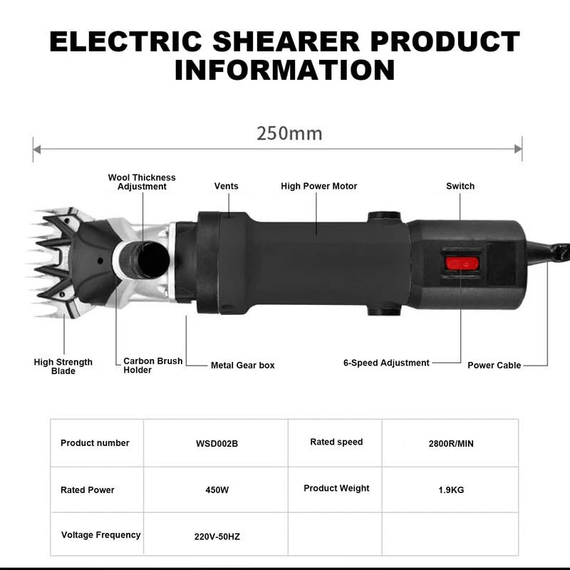 450W High-Power Electric Sheep Shears with Adjustable Speed - 9-Tooth Straight Blade for Sheep, Goats, and Livestock Grooming (110V, Black)
