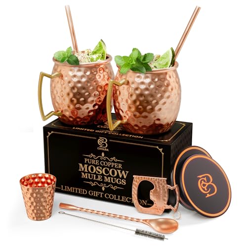 Comparison: Best Copper Moscow Mule Mugs 10 COPPER-BAR Moscow Mule Copper Mugs - Unique HANDCREFTED Gift Set of 2, Hammered by Artisan, 100% Pure Solid Copper Cups 16oz for Drinking Water & Cocktails, Include 12 Pcs accessories & Special Opener