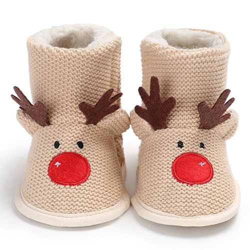 Yoawdats Newborn Infant Baby Christmas Shoes Winter Warm Cartoon Patterned Boots First Walkers Slippers Shoes Prewalkers (Beige, 11cm)3