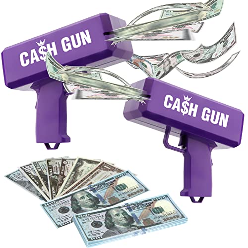 Money Gun with 104 PCS Fake Money Make it Rain Cash Cannon Dollar Bills Prop Toys Gun for Party Movie Games That Look Real Money Shooter Gun for Birthday Party Holiday, Bachelor Nightclub (Purple)