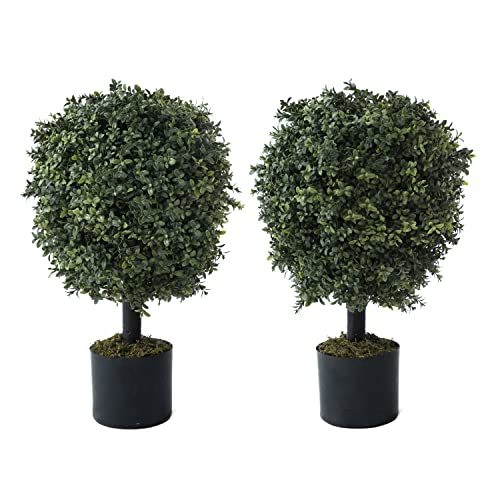 Fencer Wire Set of 2 Artificial UV Resistant Boxwood Topiary Tree, Fake Potted Shrubs, Artificial Bushes Plant in Pot w/Dried Moss, Faux Ball Tree for Indoor, Front Porch, Outdoor, w/Green Leaves