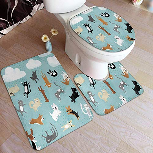 Raining Cats & Dogs Comfort Flannel Bathroom Rug Mats Set 3 Piece Soft Non-Slip with Backing Pad Bath Mat + Contour Rug + Toilet Lid Cover Absorbent