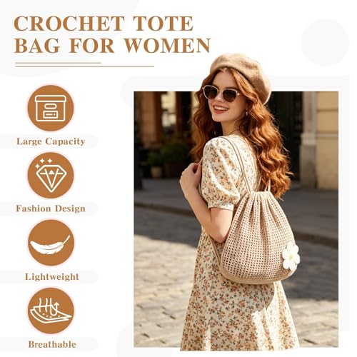 Image of Crochet Tote Bag, Aesthetic Boho Chic Mesh Crochet Handbag for Beach Bag, Hippie Knitted Tote Bag for Women