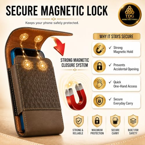 Image of TDG Vertical Mobile Belt Pouch for Men & Women | Premium PU Leather Waist Holster Case with Belt Clip & Loop | Fits Smartphones up to 6.7 Inch Height | Card Pocket & Magnetic Flip Cover | Dark Brown