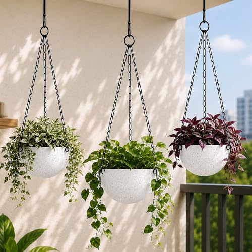 Image of Go Hooked Henri Hanging Planter Pot for Indoor & Outdoor Plants Pack of 3 | 7 Inch Plastic Hanging Pots with Metal Chain | Decorative Round Hanging Planter for Balcony, Garden & Home Decor (Marble)