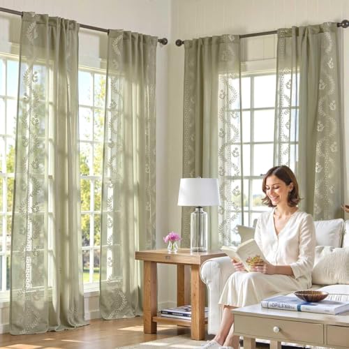 Image of jinchan Floral Sheer Curtains, Back Tab 50x63 Inch, 2 Panels Green