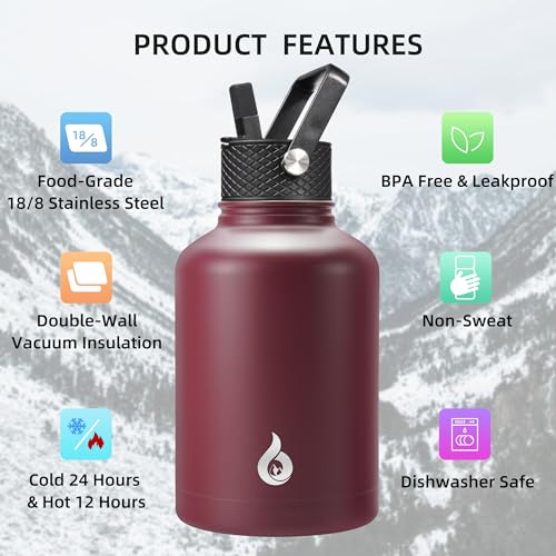 Image of BJPKPK Insulated Water Bottles with Straw Lid, 50oz Large Water Jug, Stainless Steel Vacuum Bottles, Hot & Cold Thermo with 3 Lids and Paracord Handle,Brick Red