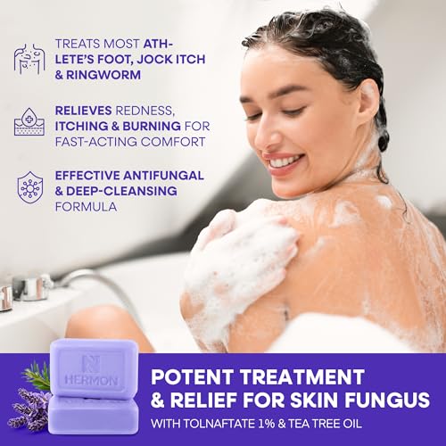 Image of Hermon Antifungal Bar Soap: Antifungal Soap for Ringworm, Jock Itch & Athlete's Foot with Tea Tree Oil - Tolnaftate 1% Medicated Anti Fungal Treatment Bar for Skin Fungus - 2 Bars