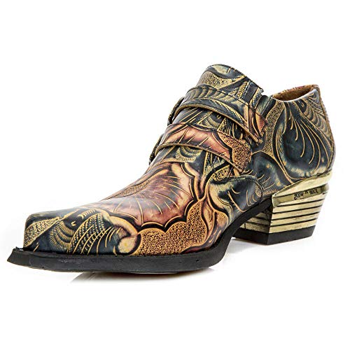 New Rock M-7960-S14 Mens Embossed Vintage Shoes Black Leather Buckle Steel Heel4