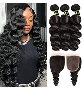 Miss CARA Brazilian Hair Loose Wave 3 Bundles with Closure (24 26 28+20) 100% Unprocessed Virgin ...
