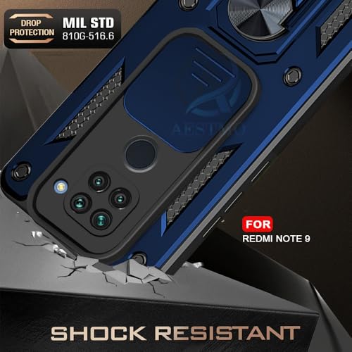 Image of AESTMO Tough Armor Redmi Note 9 Bumper Back Case Cover | Ring Holder & Sliding Camera Shield Cover | 360 Degree Protection Back Case Cover for Redmi Note 9 (Blue)
